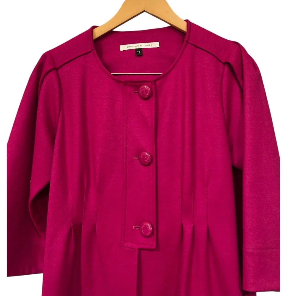 DIANE von FURSTENBERG DVF Wool Blend USA Magenta‎ Collarless Coat 3/4 Sleeves 12